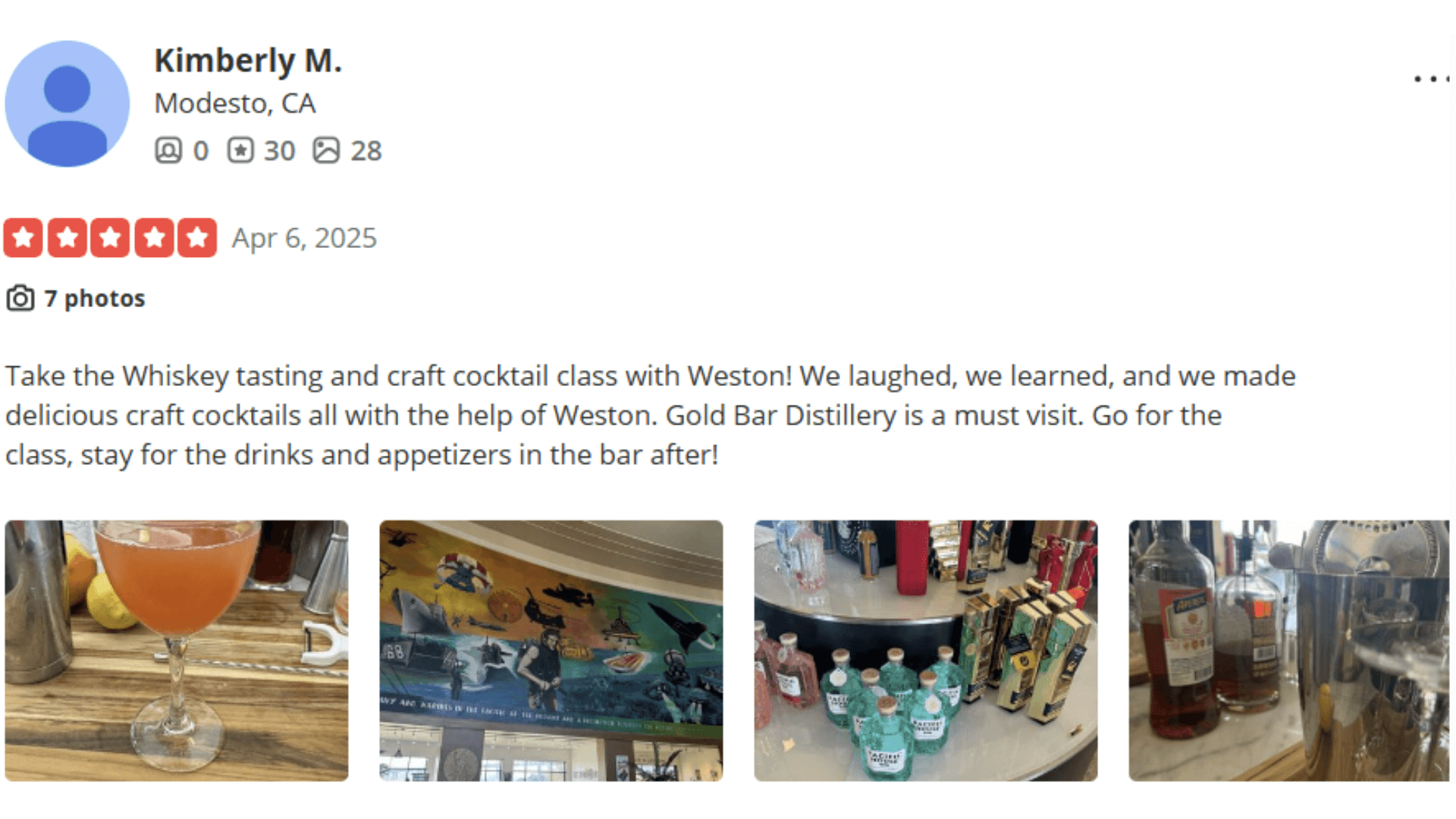 Take the Whiskey tasting and craft cocktail class with Weston! We laughed, we learned, and we made delicious craft cocktails all with the help of Weston. Gold Bar Distillery is a must visit. Go for the class, stay for the drinks and appetizers in the bar after!