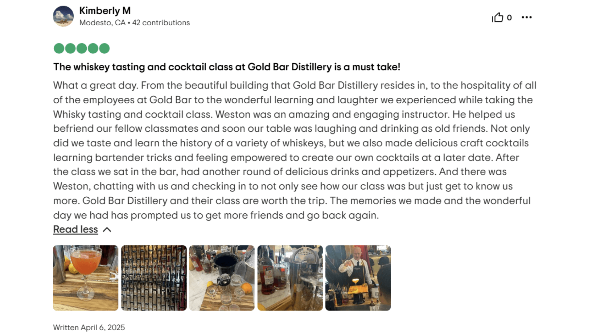 The whiskey tasting and cocktail class at Gold Bar Distillery is a must take! What a great day. From the beautiful building that Gold Bar Distillery resides in, to the hospitality of all of the employees at Gold Bar to the wonderful learning and laughter we experienced while taking the Whisky tasting and cocktail class. Weston was an amazing and engaging instructor. He helped us befriend our fellow classmates and soon our table was laughing and drinking as old friends. Not only did we taste and learn the history of a variety of whiskeys, but we also made delicious craft cocktails learning bartender tricks and feeling empowered to create our own cocktails at a later date. After the class we sat in the bar, had another round of delicious drinks and appetizers. And there was Weston, chatting with us and checking in to not only see how our class was but just get to know us more. Gold Bar Distillery and their class are worth the trip. The memories we made and the wonderful day we had has prompted us to get more friends and go back again.